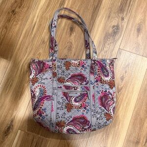 Vera Bradley Quilted Paisley Tote Bag - Light Gray with Pink Accents